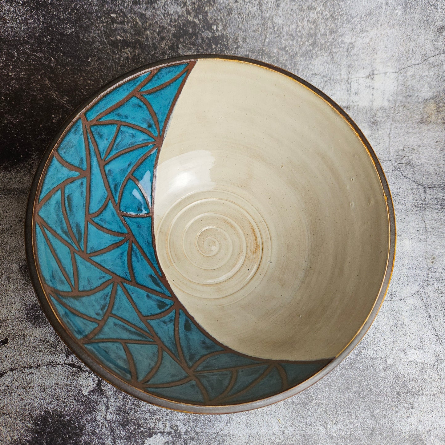 Teal and birch deep serving bowl