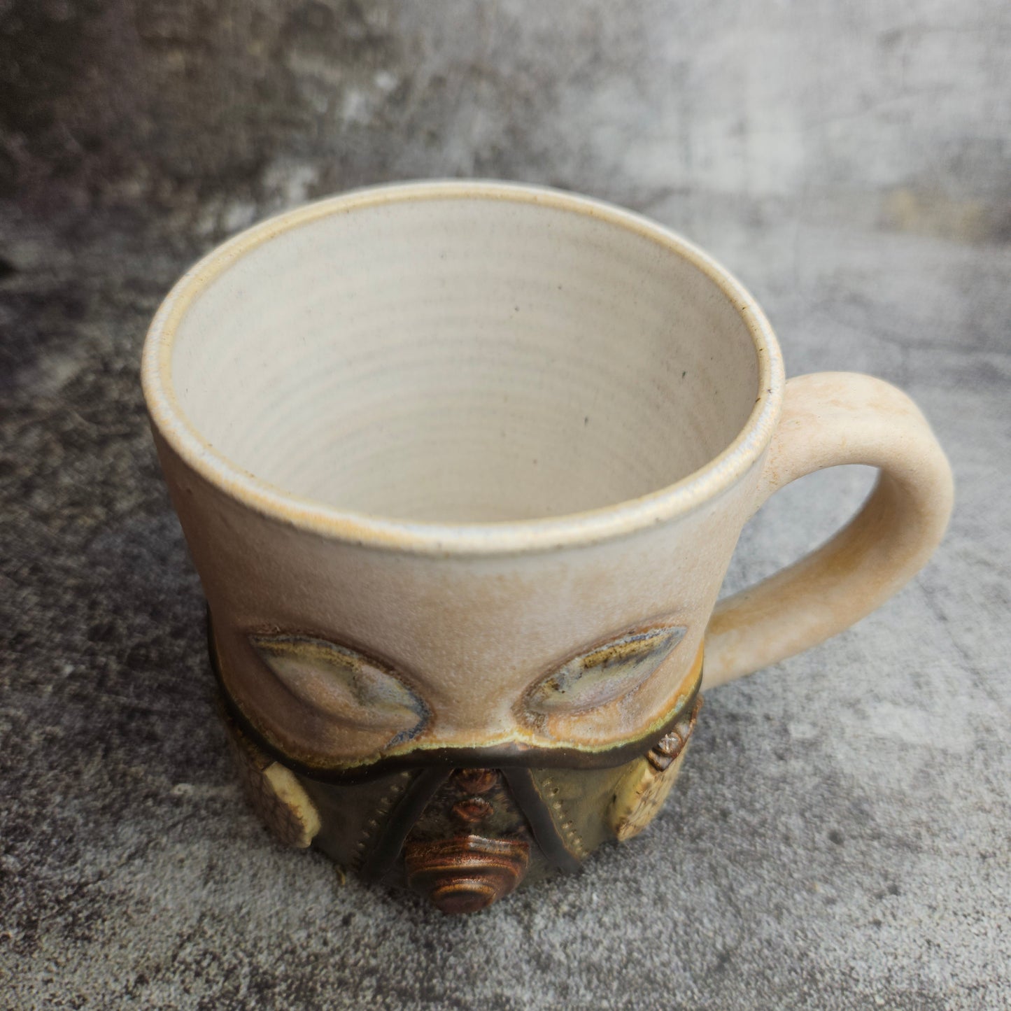 Steampunk inspired gas mask mug