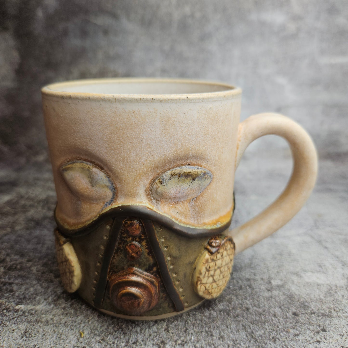 Steampunk inspired gas mask mug