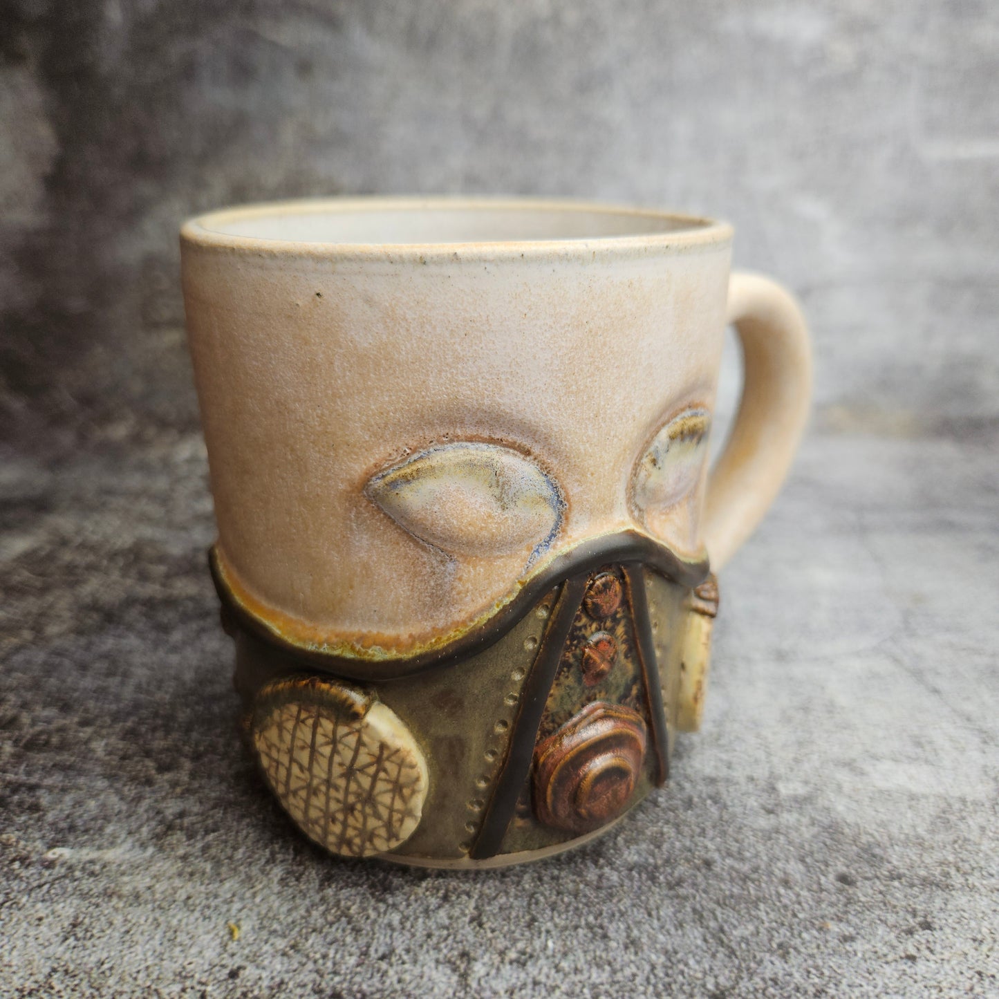 Steampunk inspired gas mask mug
