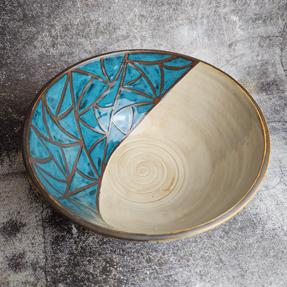 Teal and birch deep serving bowl