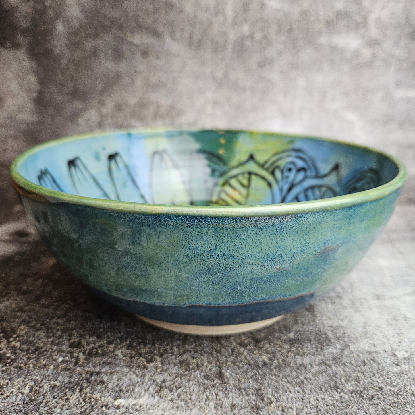 Sunflower mandala blue green medium serving bowl