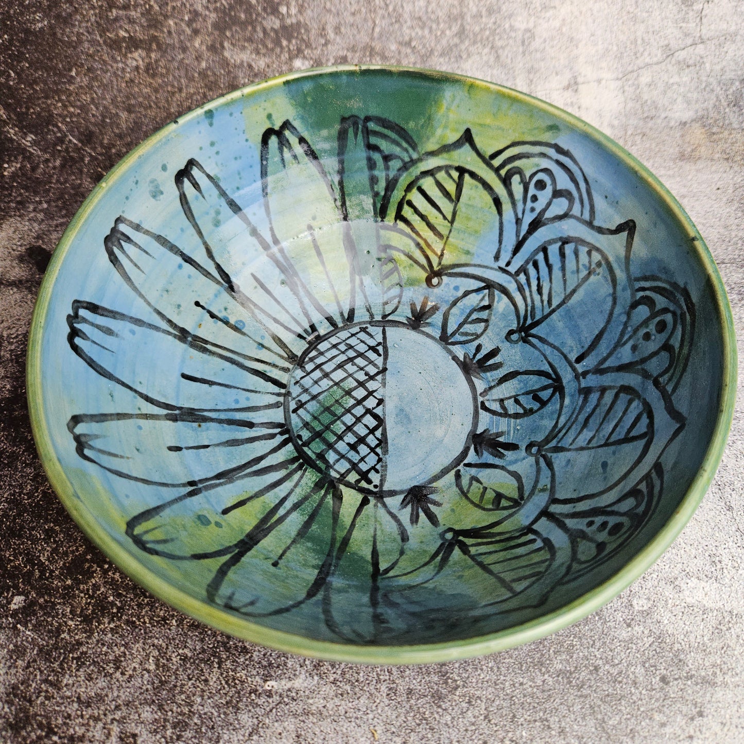 Sunflower mandala blue green medium serving bowl