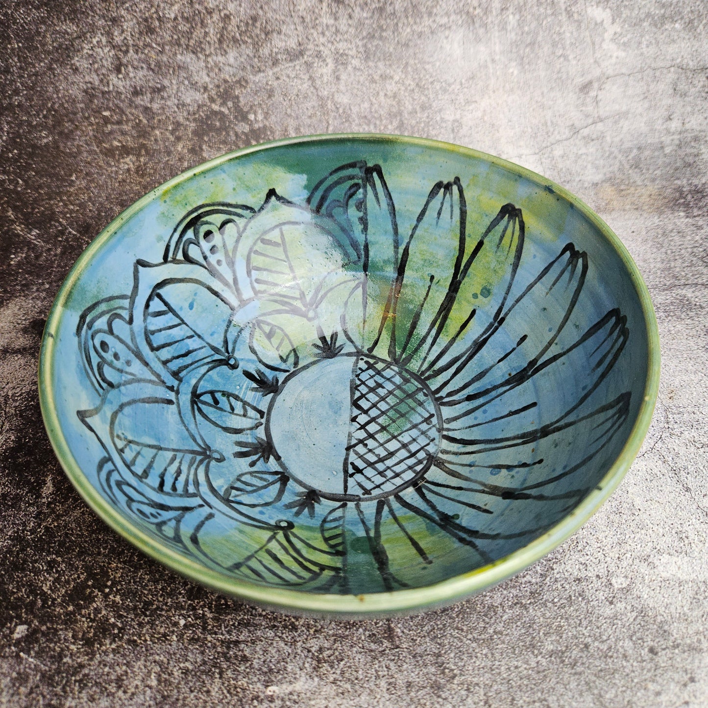 Sunflower mandala blue green medium serving bowl