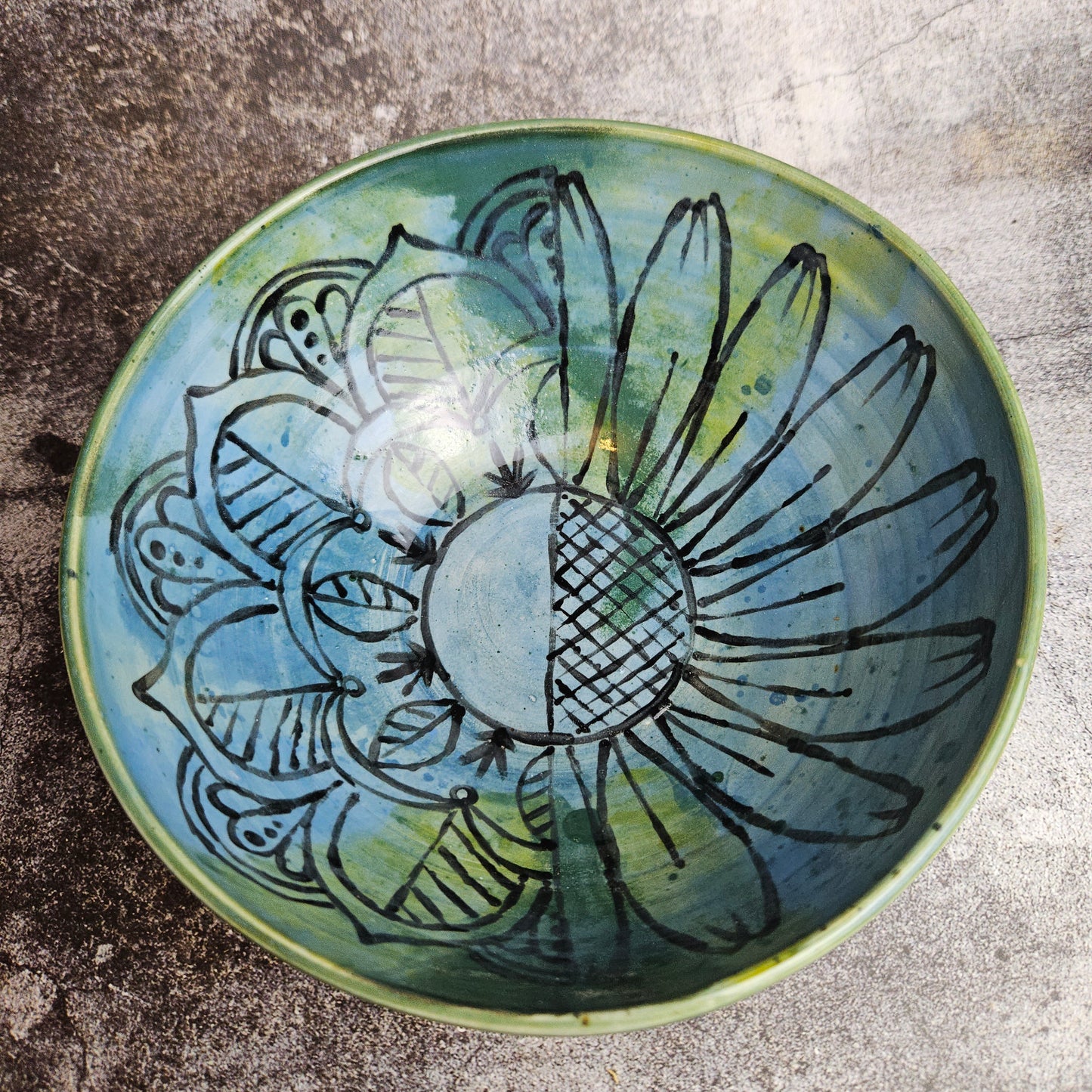 Sunflower mandala blue green medium serving bowl