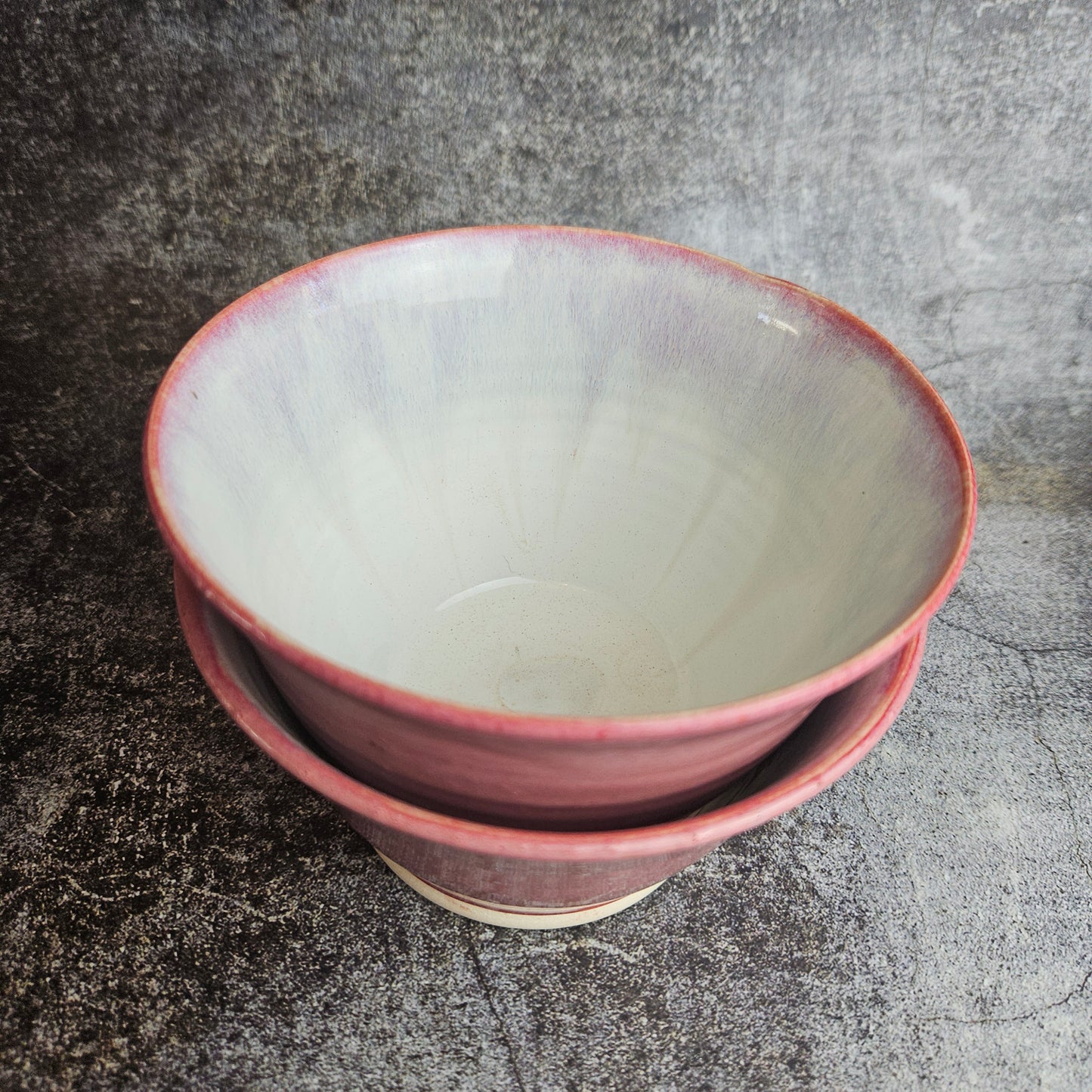 General purpose bowls, raspberry and white