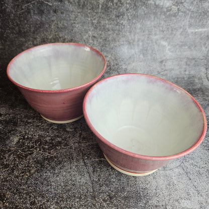 General purpose bowls, raspberry and white