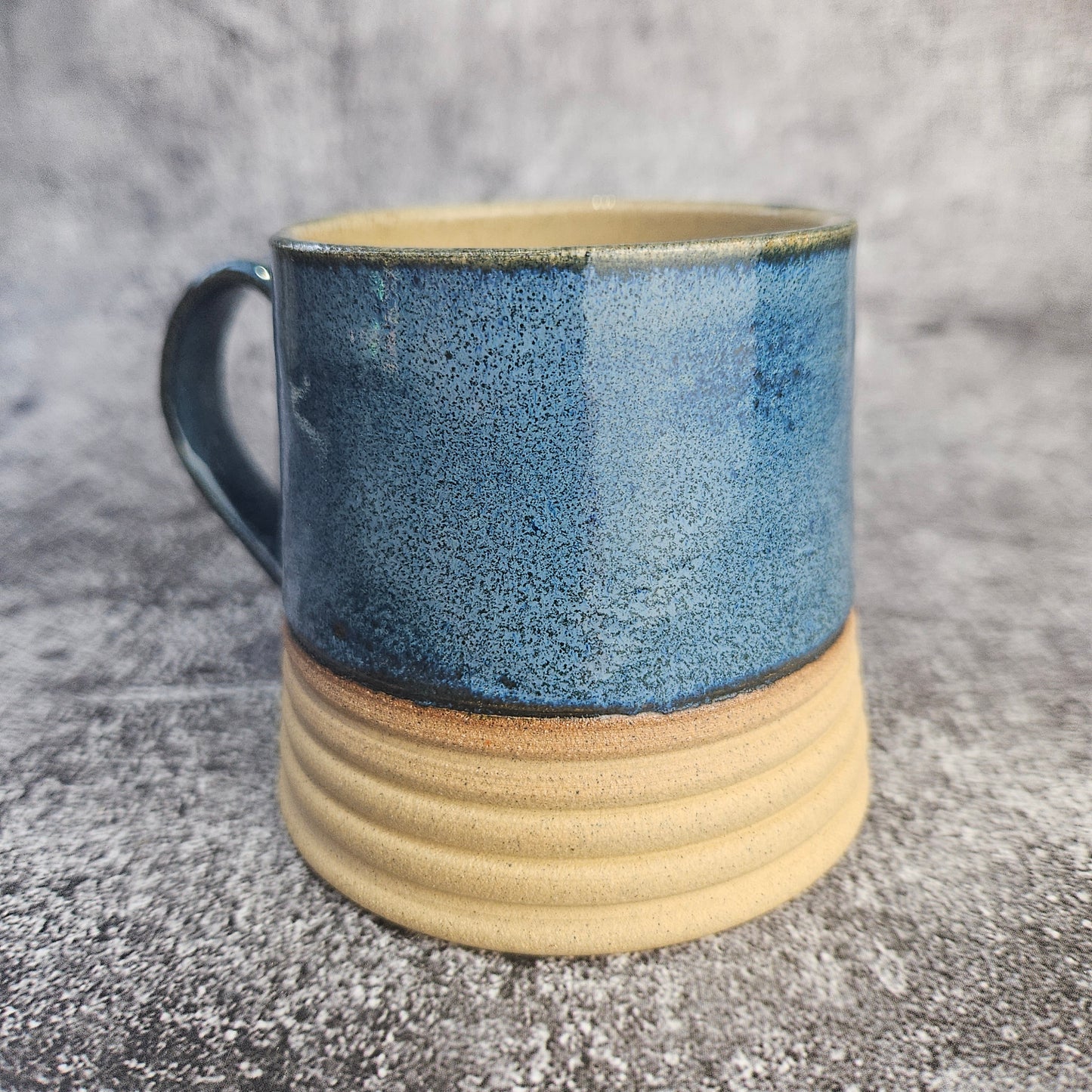 Speckled Blue ribbed mug, short.