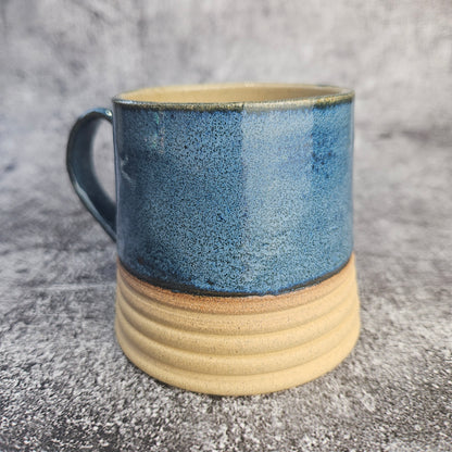 Speckled Blue ribbed mug, short.