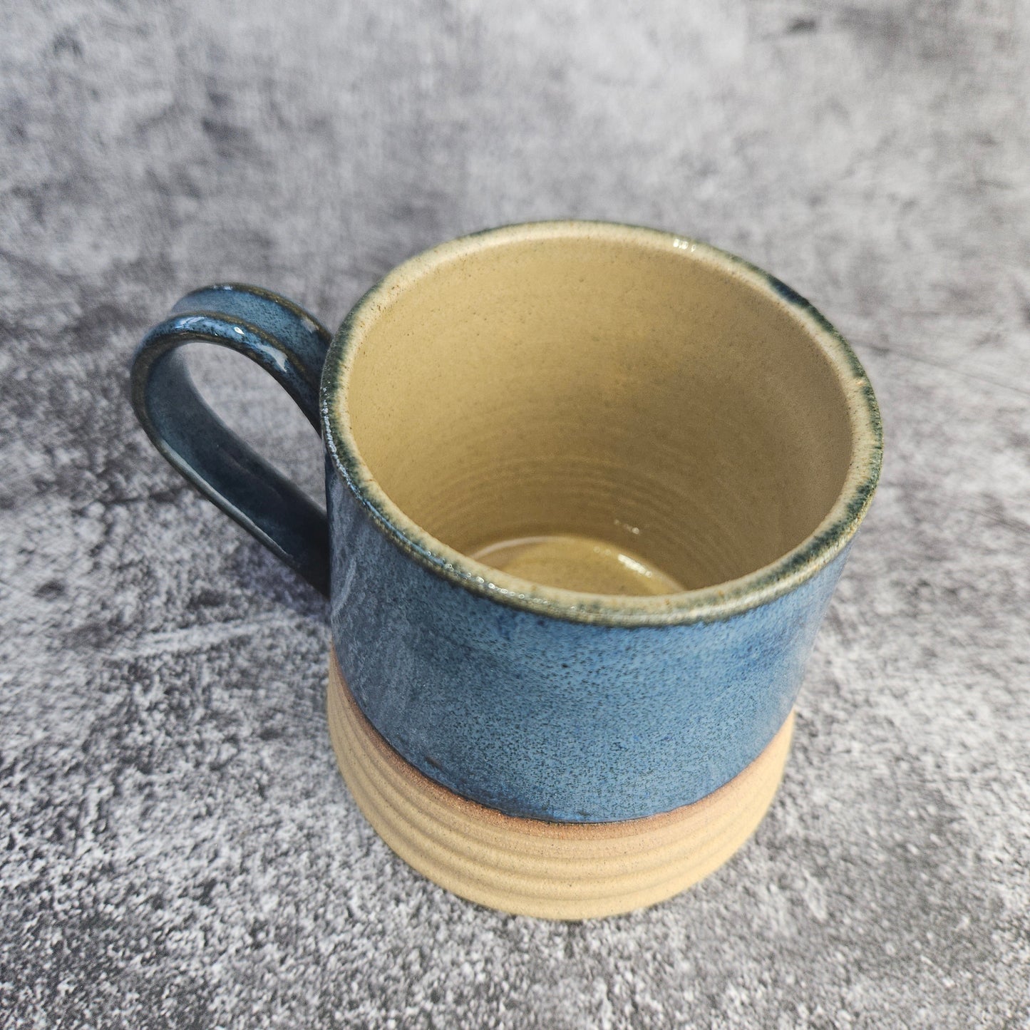Speckled Blue ribbed mug, short.