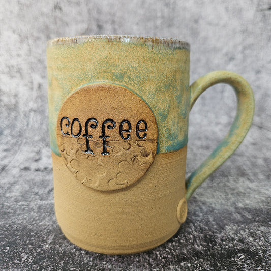 "Coffee" mug with pastel yellow blue