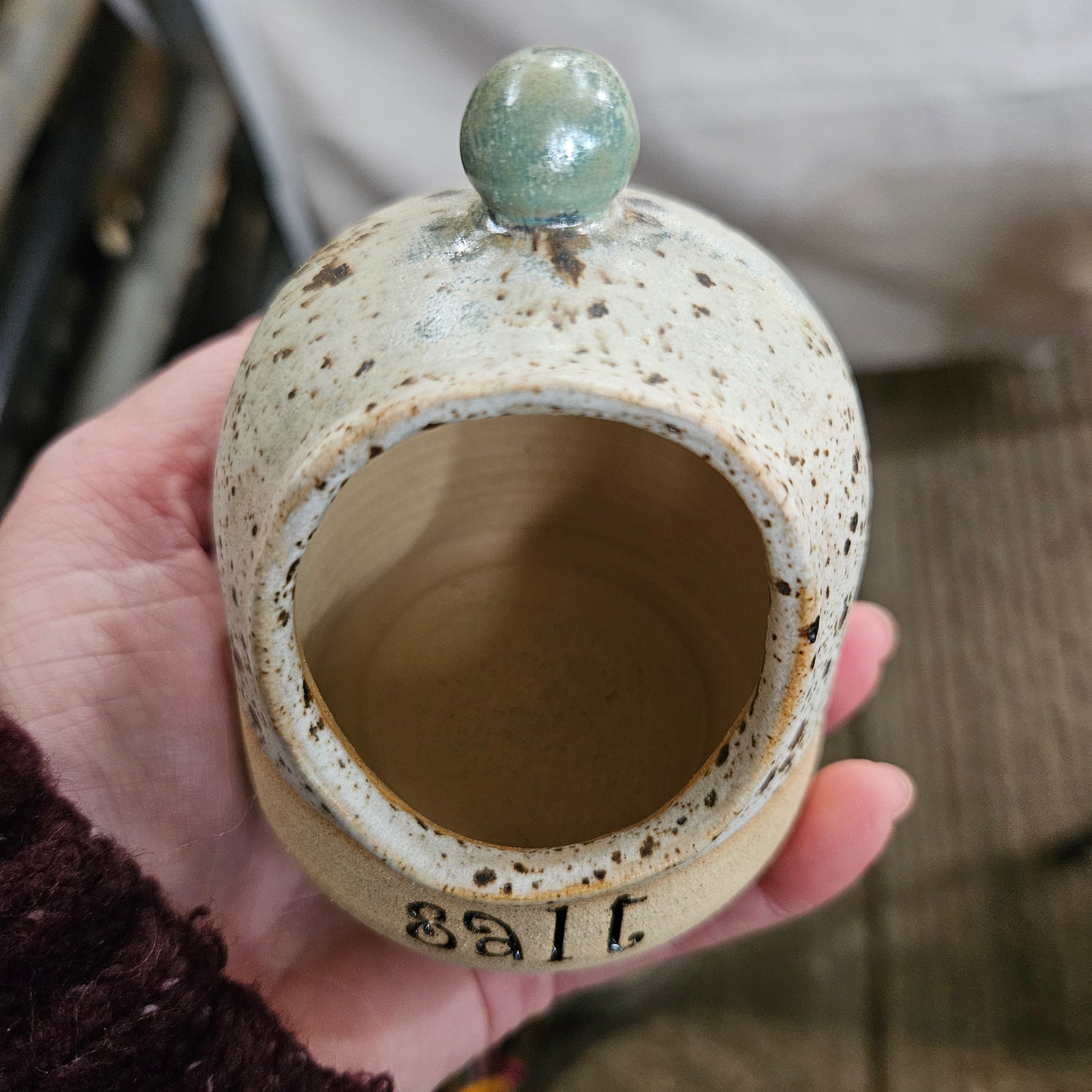 Speckled salt pig with scoop