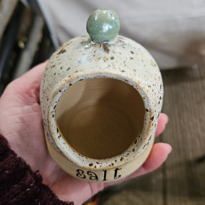 Speckled salt pig with scoop