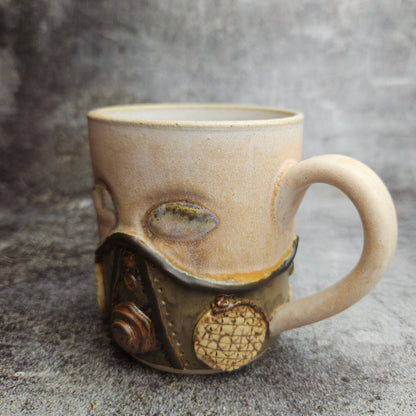 Steampunk inspired gas mask mug