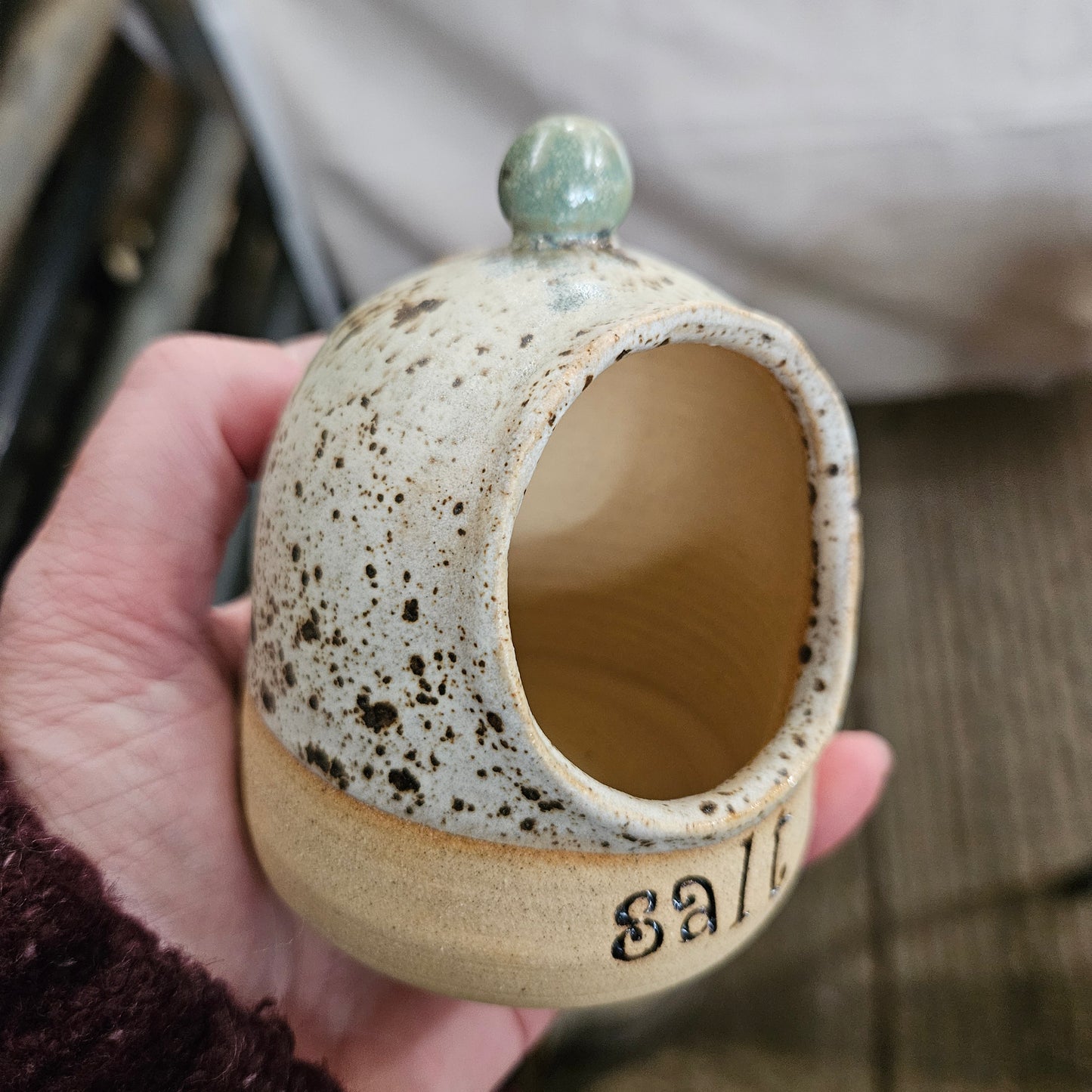 Speckled salt pig with scoop