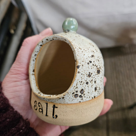 Speckled salt pig with scoop